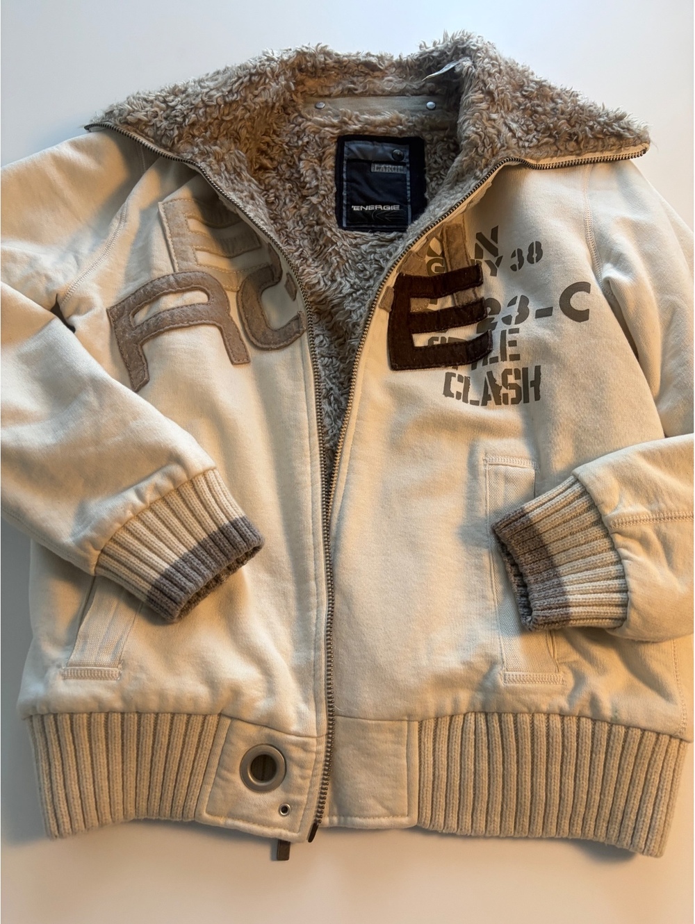 Energie Beige Cotton and Acrylic Fleece Lined Jacket Large
